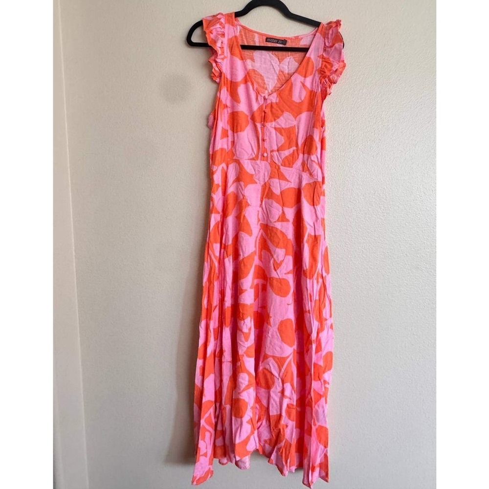 Mister Zimi Pink Orange Floral Maxi Dress Flutter Sleeve Resortwear Boho 8